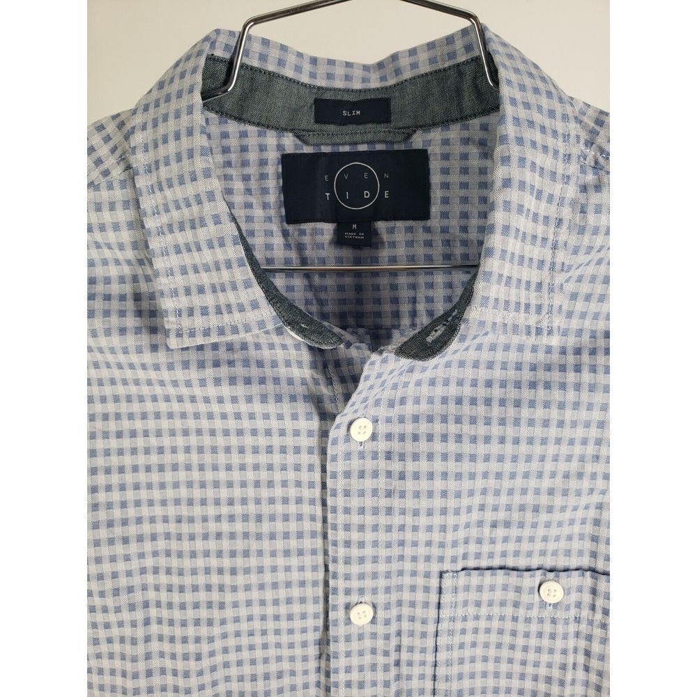 Even Tide Mens Short‎ Sleeve Button Down Shirt Slim Medium M Blue Check Plaid